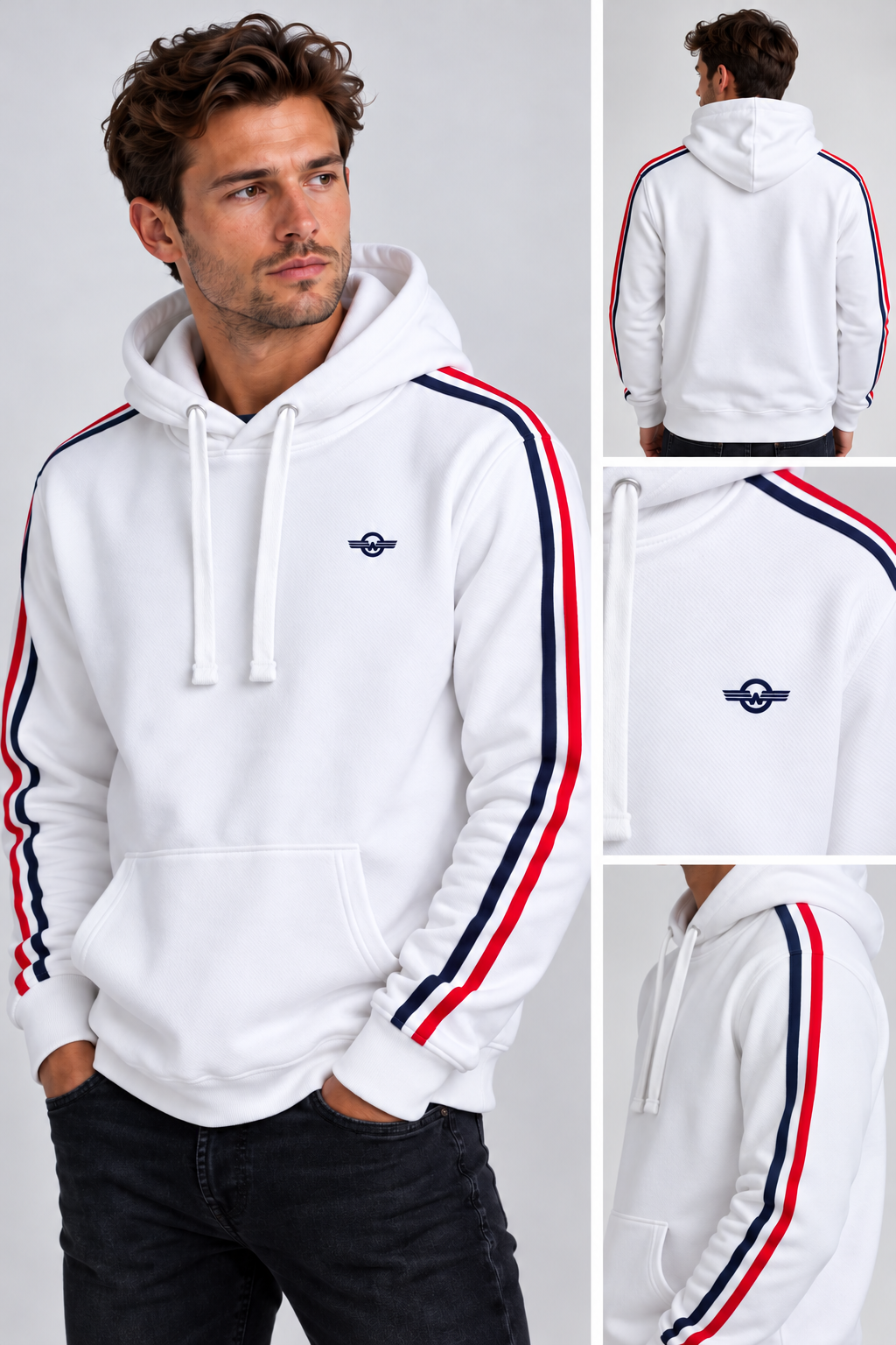 Mens Striped White Hoodie